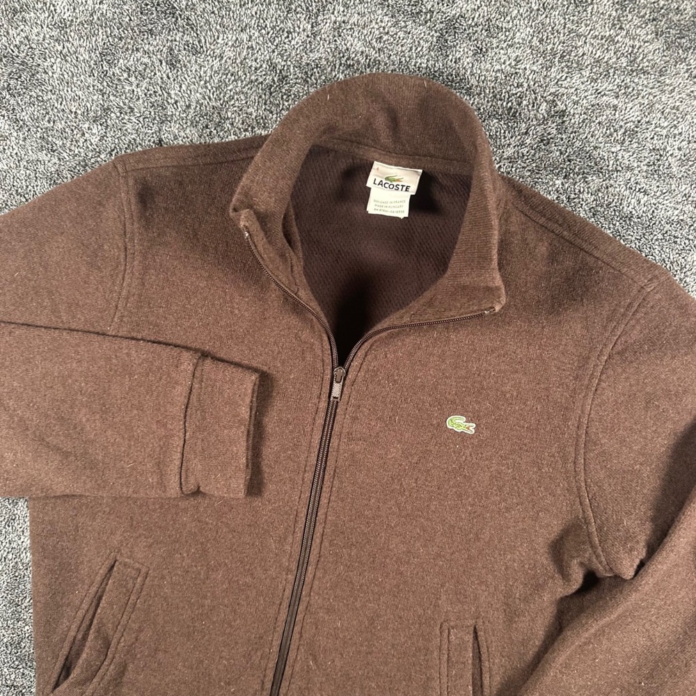 Lacoste Wool Jacket Mens 4 F Brown Full Zip Mock Neck Logo Sweater Coat